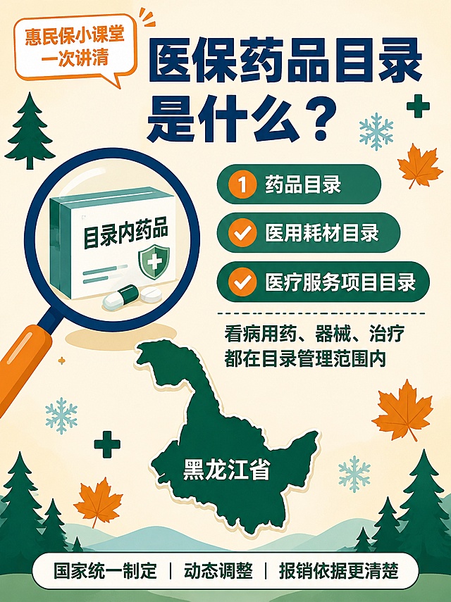 医保药品目录科普海报，扁平插画风格，米黄色背景。顶部深蓝色大字标题'医保药品目录是什么？'，左上角橙色边框白色气泡内写'惠民保小课堂一次讲清'。左侧有放大镜放大药盒，药盒上写'目录内药品'，放大镜手柄橙色。右侧三个绿色胶囊形标签从上到下依次为'药品目录'（带橙色数字1标）、'医用耗材目录'（带橙色对勾标）、'医疗服务项目目录'（带橙色对勾标），标签下方文字'看病用药、器械、治疗都在目录管理范围内'。画面下方中间是黑龙江省的深绿色轮廓线。底部白色圆角框内文字'国家统一制定 | 动态调整 | 报销依据更清楚'。装饰元素：深绿色松树、橙色枫叶、蓝绿色雪花、深绿色十字符号。整体配色为深蓝、墨绿、橙色、米白，风格简洁明快。