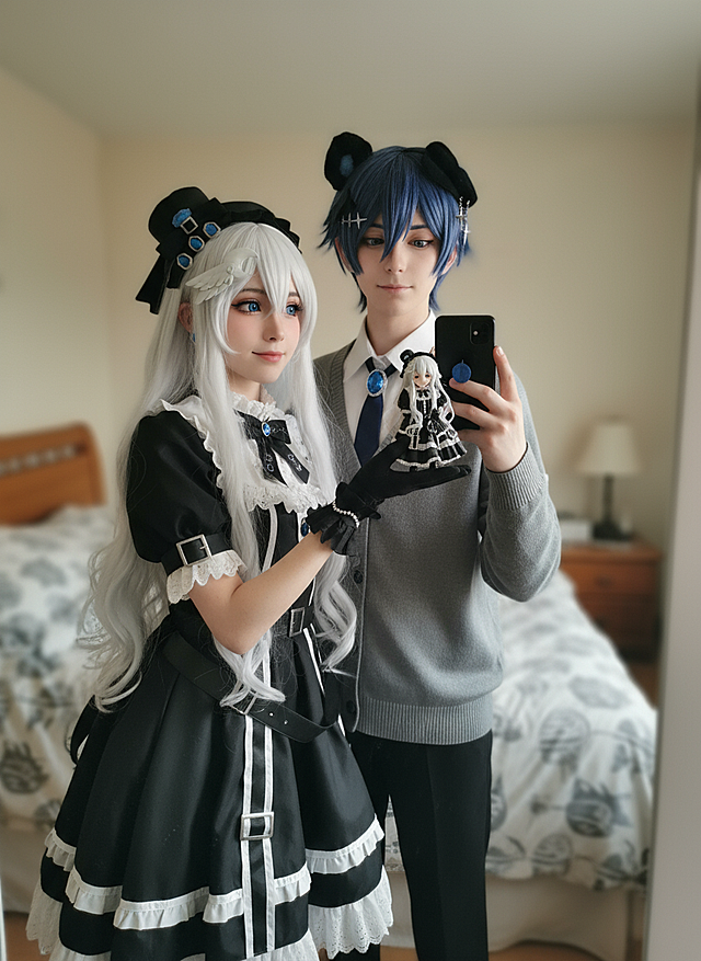 cosplayer真人写实照片，根据该图生成一张现实生活中扮演该角色的写实风格，人物所在的写实场景与原作相对应，人物一只手抬起拿着手机对着镜子正在自拍，另一只手靠近镜头托着带有与该cosplayer照片相对应的玩偶手办。手办的细节特征需精细到可清晰辨识。