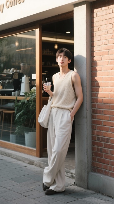 写实风格，年轻男性站在充满文艺气息的户外咖啡馆入口处，穿着浅米色透气针织吊带背心搭配同色系高腰宽松阔腿长裤，整体造型轻盈舒适，展现出随性自在的夏日穿搭感，米白色腋下包自然挎在手臂，手中拿着透明塑料杯饮预览效果