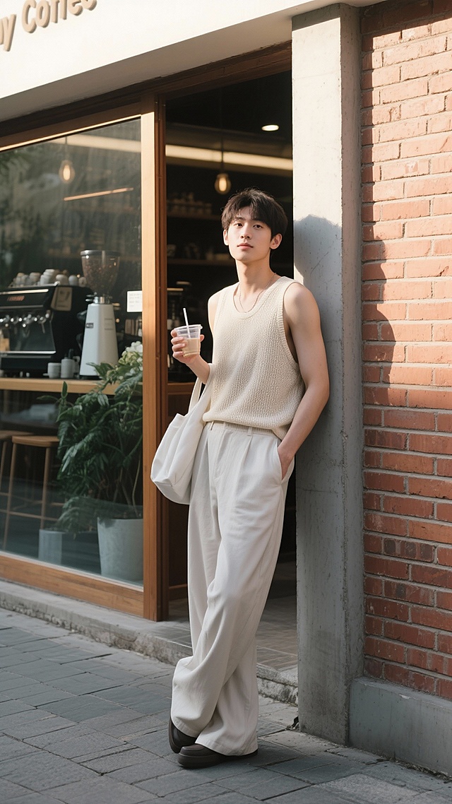 写实风格，年轻男性站在充满文艺气息的户外咖啡馆入口处，穿着浅米色透气针织吊带背心搭配同色系高腰宽松阔腿长裤，整体造型轻盈舒适，展现出随性自在的夏日穿搭感，米白色腋下包自然挎在手臂，手中拿着透明塑料杯饮品，微微侧身倚靠在红砖墙与水泥立柱旁，背景中玻璃橱窗映出店内的咖啡机与绿植，阳光柔和地洒在人物身上形成自然光影，地面为灰色石板铺就，整体色调清新淡雅，构图采用三分法突出主体人物，画面氛围慵懒惬意，具有时尚街拍的自然质感与生活气息。