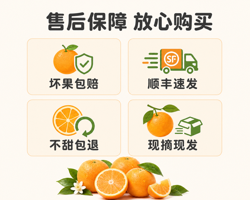[第6屏] 售后说明图-售后服务保障说明。
[氛围/风格] 安心可靠，简洁明了，延续整套清新自然风格。
[元素布局] 画面顶部大标题，中部四个保障卖点分两排排列，每个卖点配图标和文字说明，底部搭配橘子预览效果