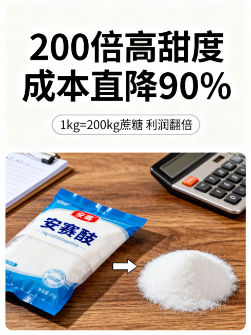 画面上半部分为白色背景，顶部黑色加粗大字：「200倍高甜度 成本直降90%」，下方浅灰小字圆角框：「1kg=200kg蔗糖 利润翻倍」；下半部分实拍场景：对比式画面，左侧放安赛蜜包装，右侧放一小堆蔗糖预览效果