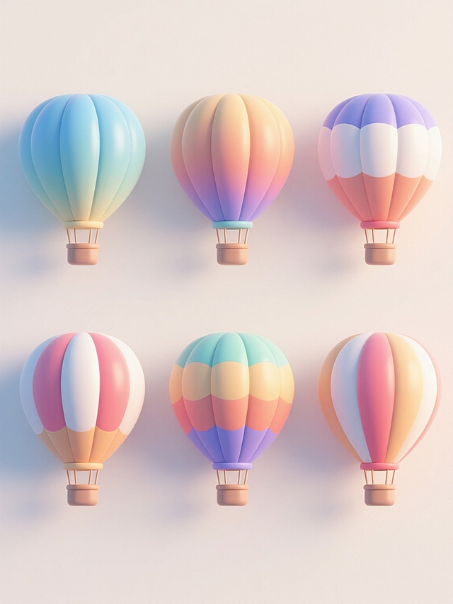 6个不同样式、不同配色的3D立体热气球元素，保持与单个热气球相同的圆润饱满造型、光滑渐变色彩质感、清晰结构线条及柔和光影效果，浅色背景，上下两行各3个对齐排列，整体呈现简洁可爱的设计风格。
