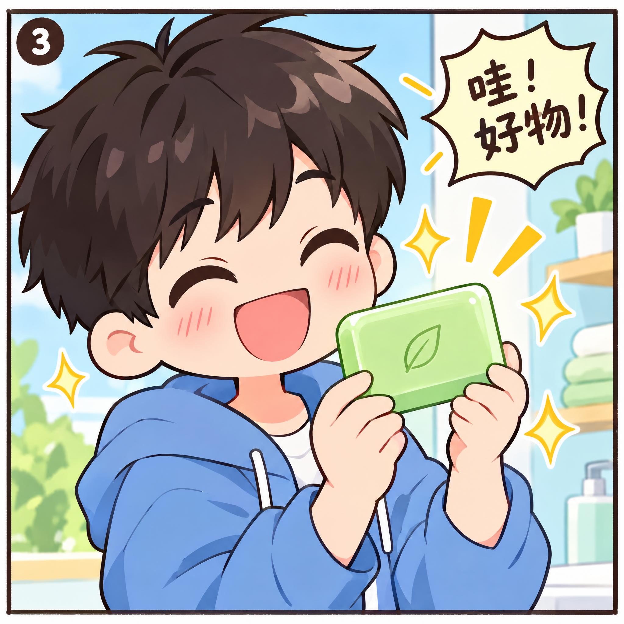 漫画风格四格漫画第三格，男生手里拿着一块清新绿色的长方形香皂，… - 图片创意预览
