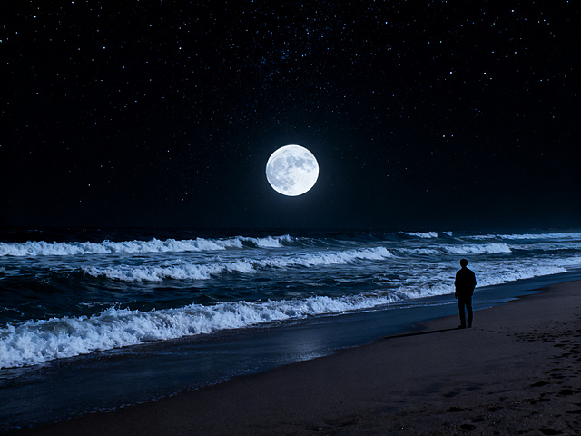 夜晚海边场景，一轮明亮的圆月悬挂在远处的深邃黑色天空中，天空中布满点点星光，层层翻涌的白色浪花轻轻拍打着细腻的沙滩，一个男人的背影轮廓在远处的沙滩上若隐若现，整体画面营造出静谧又神秘的氛围感，光影柔和自然，画面细节丰富