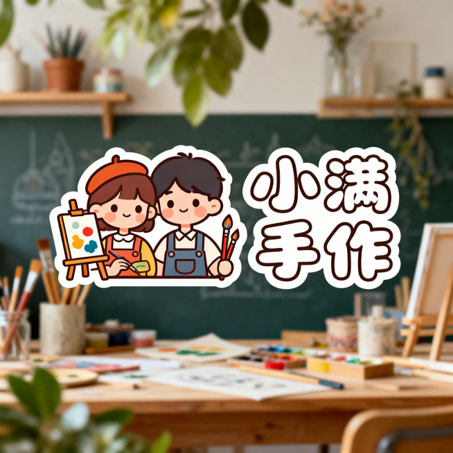 小满手作diy手作店logo，左侧是可爱风格的情侣人头像，搭配画板等手工元素，字体设计圆润可爱，整体风格活泼温馨，适合手作店品牌使用预览效果