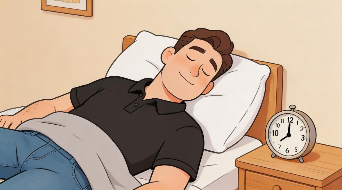 相同漫画风格，同一个面相和善的男士形象，他穿着黑色polo上衣和牛仔长裤，躺在床上睡觉，床头柜上的闹钟显示时间为10：00，保持统一漫画画风，场景明确预览效果