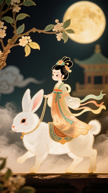 白色的毛绒绒的兔子，驮着一个嫦娥装扮的迷你的Q版小女孩（坐在上面），国风背景预览效果