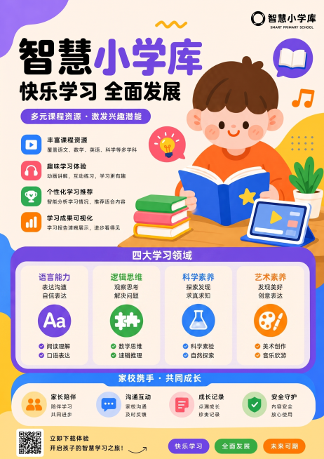 去掉信息素养和身心健康两个板块，将标题‘六大学习领域’改为‘四大学习领域’，拉大剩余四个板块的比例和间距，保持原海报其他内容、整体风格和尺寸不变预览效果