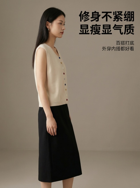 [主图3]针织马甲背心，保持原有款式和彩色纽扣设计不变，使用同一个亚洲女性模特穿着展示，搭配和首图一致的黑色半身裙，侧身自然站立展示修身效果，在简约暖灰色室内背景棚拍，柔和时尚摄影光，高级显瘦风格，展预览效果