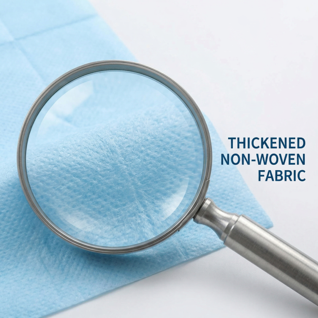 Material detail display of disposable toilet seat cover. A magnifying glass focuses on the non-woven预览效果
