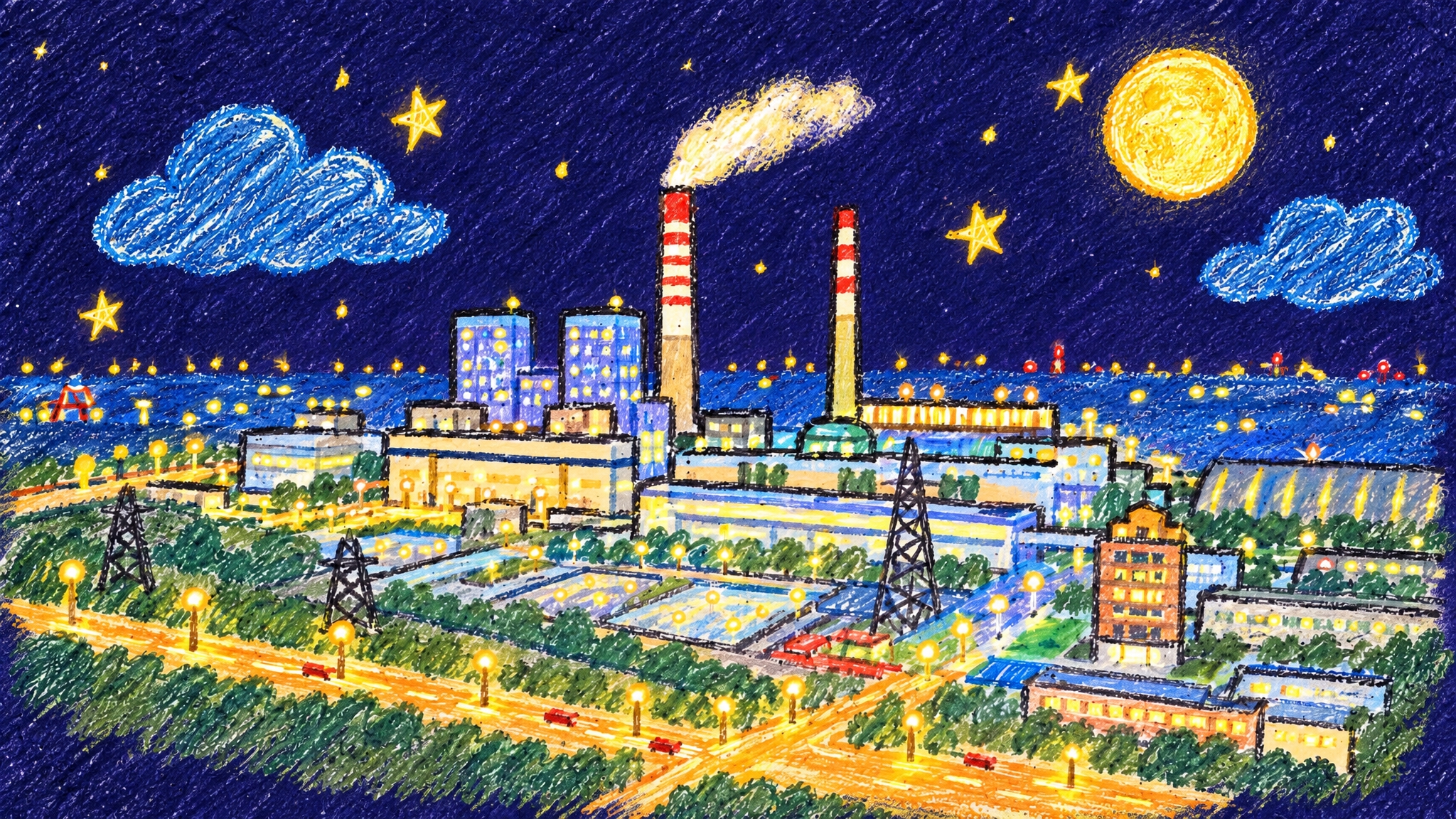 将背景颜色换成深色调（深紫蓝色夜空），保持蜡笔手绘风格不变，保… - 图片创意预览