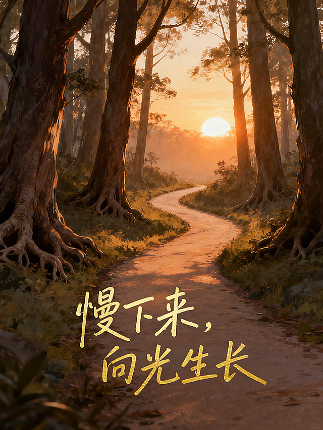 一条蜿蜒向前、通向温暖晨曦阳光的林间小路，路两旁是扎根深厚的高大树木，整体色调温暖柔和，氛围宁静治愈，充满希望感，画面添加文字“慢下来，向光生长”，风格宁静自然的治愈风景插画