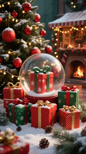 在一个圣诞玻璃球里，超写实风格圣诞场景，以红色和绿色为主色调，温暖柔和的侧光照明，前景是多个包装精美的圣诞礼物盒，包括红色带雪花图案、绿色带雪花图案、红色带金色条纹等款式，部分礼物盒上覆盖着少量蓬松的预览效果