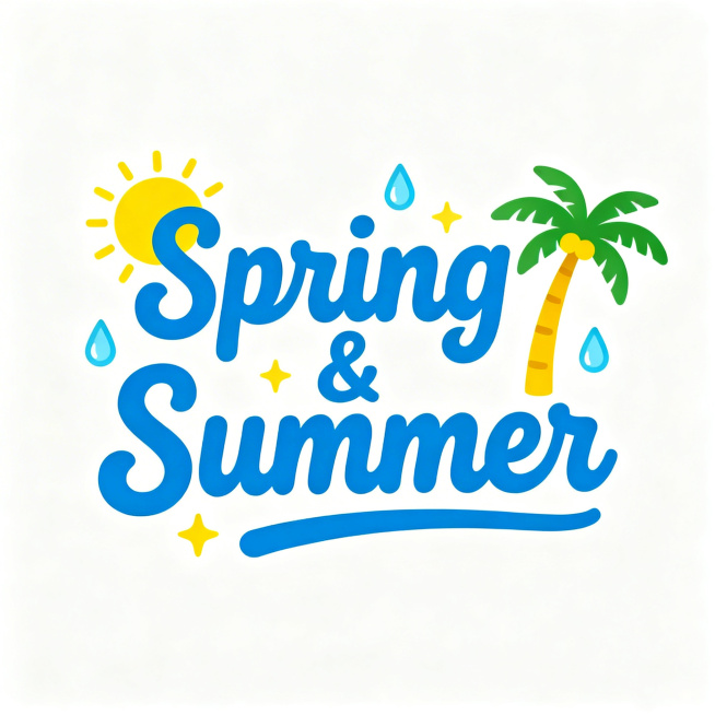 生成包含夏日元素的艺术字，文字内容为"Spring & Summer"，风格参考示例图，采用圆润活泼的手写字体，搭配清新夏日小元素如太阳、椰树、水滴等装饰，使用明亮清爽的蓝黄配色，纯白色背景预览效果