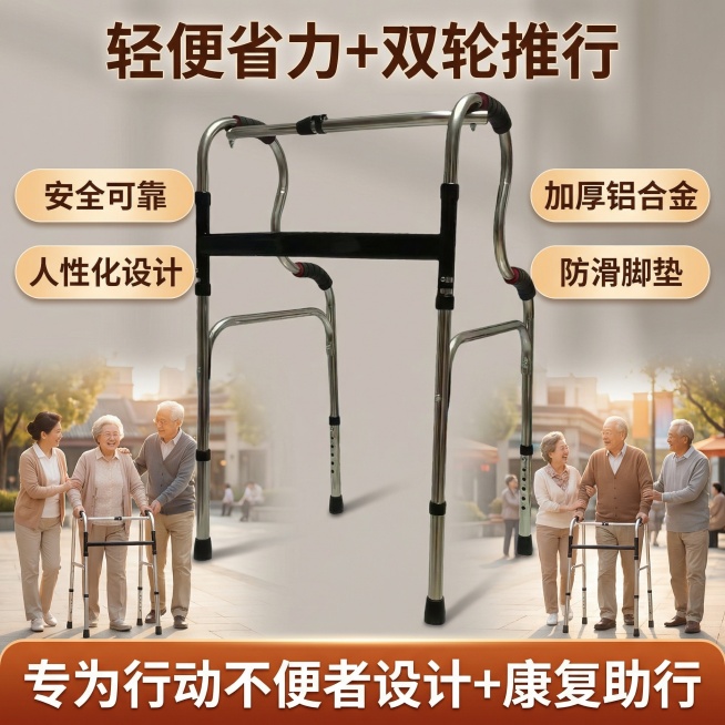 这张图片是产品主体这款产品是助行器  我需要设计20张主图在拼多多上面售卖    可以用 老年人等场景进行主图场景布局设计一个高级主图  一些主图文案内容  厂家直销 可推可坐 加粗加厚 轻便省力 承预览效果