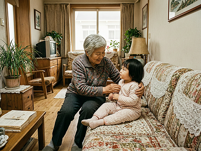 一位老年奶奶在充满2000年代风格的居民家中温柔照顾年幼的孙女，老照片质感，胶片颗粒感，怀旧暖色调，真实自然的生活场景