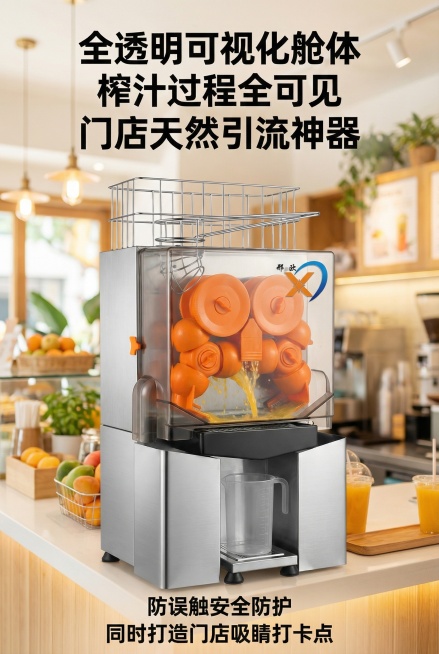 竖版电商详情可视化引流卖点屏，杂志级满版精致排版，整体通透吸睛的门店场景风格，无冰冷工业感。画面主体为商用橙子榨汁机产品正面全景展示，严格还原上传的产品图所有细节，包括透明舱体、内部橙色榨汁组件、机身预览效果