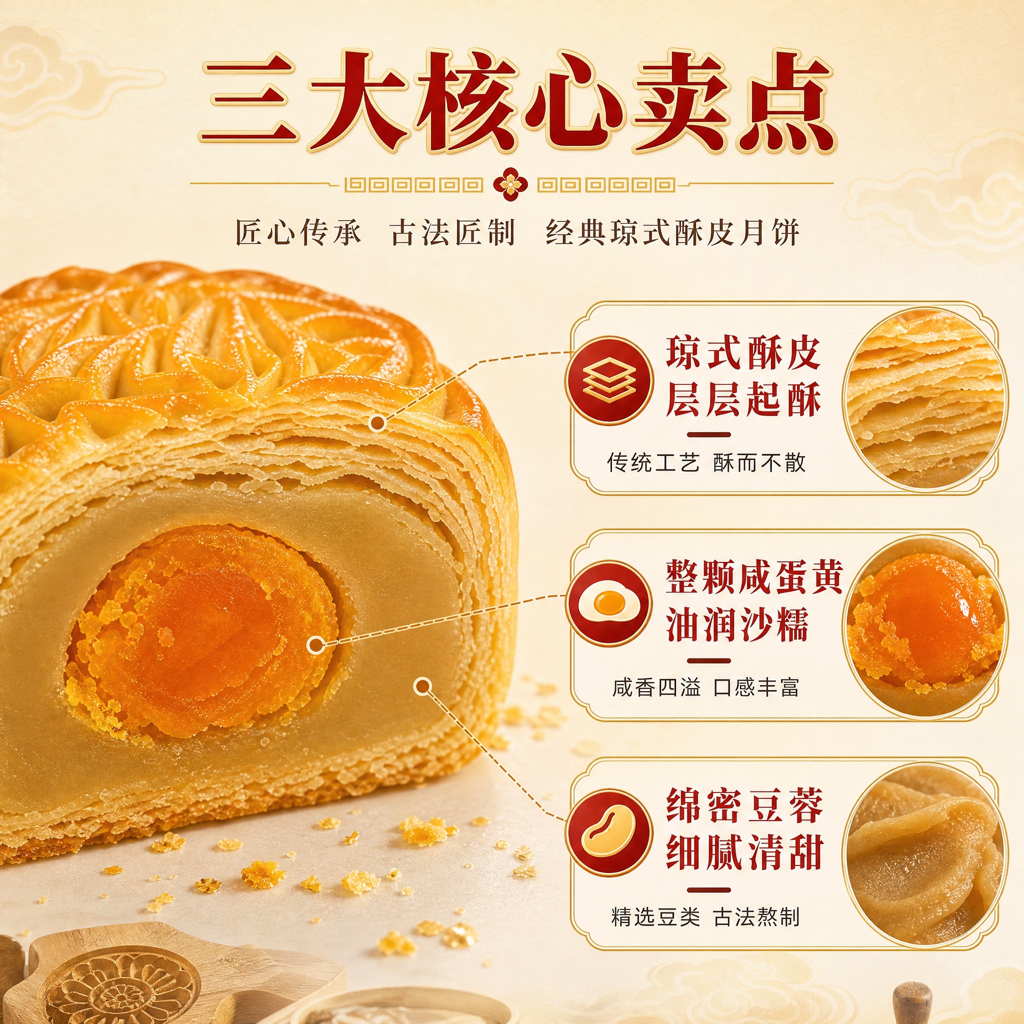 [主图-2] 核心亮点与工艺溯源，展示琼式酥皮月饼的三大核心卖… - 图片创意预览