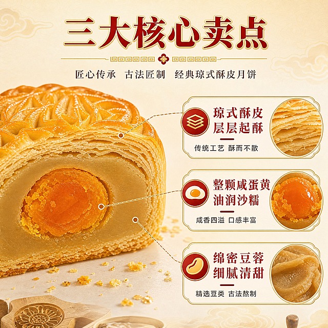 [主图-2] 核心亮点与工艺溯源，展示琼式酥皮月饼的三大核心卖点与传统工艺信任背书。
[统一基调] 中式国风暖调高级感，背景主色为米白浅金渐变，标题字色为朱红+烫金描边，辅助字色为深棕，强调色为金色；字体为厚重粗宋衬线体，辅助文案为细宋体；卡片与图标采用金边圆角中式纹样，整体精致典雅有节庆感。
[画面] 画面中央偏左放置半块切开的月饼，切面正对观众，清晰展示酥皮层、莲蓉层、整颗蛋黄三层结构；从月饼三个部位引出金色细虚线分别连接右侧三个卖点图标区域；上方卖点对应酥皮，配酥皮层次微距小图；中间卖点对应蛋黄，配蛋黄出油沙糯特写小图；下方卖点对应莲蓉，配绵密豆蓉质地特写小图；背景为浅米色带暗纹中式云纹底，底部隐约可见古法蒸笼、木模等传统制饼工具剪影，传递古法工艺信任感。
[光影质感] 柔和暖光均匀打亮月饼主体，切面层次清晰，各部位微距小图保持一致暖调光影，整体干净通透有品质感。
[配色] 米白浅金底 + 朱红标题 + 深棕说明文字 + 金色引线和图标边框，月饼金黄橙红为主食欲色。
[文字版式] 画面顶部居中主标题"三大核心卖点"，朱红粗宋大字带烫金描边，下方一条金色细装饰线；右侧三个卖点区上下排列，每个卖点区上方为圆形金边图标，中间为朱红粗宋卖点标题，下方为深棕细宋说明文字；引线从月饼对应部位优雅连接到各卖点，信息层级清晰。
[输出要求] 1:1正方形，2048x2048，2K高清，文字清晰可读，月饼切面层次分明，引线精准对应部位；负向：变形、错字、模糊、杂乱、水印、平台Logo、引线错位、层次不清。