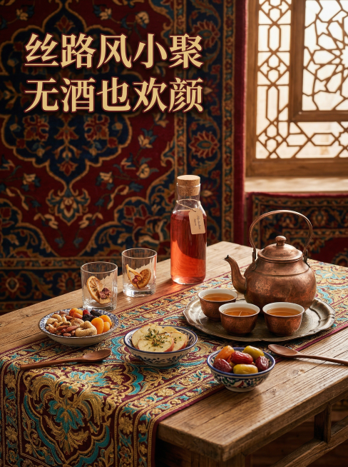 【莫打听】无酒精特调套餐场景展示，完全沿用第一张图的新疆民族风风格，新疆传统花纹背景，配色和字体都和第一张完全一致，字体采用复古衬线体，纯产品展示不出现人手，桌面展示完整套餐所有产品，搭配新疆特色刺绣预览效果