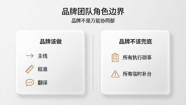 食品消费品信息图，标题“品牌团队角色边界”，副标题“品牌不是万能协同部”，标题和副标题在图片最上方居中，标题字体思源黑体Bold，副标题字体思源黑体Normal，文字颜色深灰色#0e1619。版式结构为左右对比布局，左区域为“品牌该做”，文字：主线 / 标准 / 翻译，右区域为“品牌不该兜底”，文字：所有执行琐事 / 所有临时补台。左右区块用细线分割，每个内容块配有少量简洁图标，两个内容区都呈现立体卡片效果。整体采用克制留白，严格栅格排版。背景颜色浅灰色#f1f2f3，内容文字深灰色#0e1619，搭配少量橙色#ff7d11点缀，按需使用白色。无Logo，无水印，无人像，无复杂纹理背景。