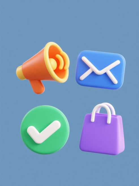 一套4个不同元素的系列图标素材，保持统一的3D立体卡通风格，圆润边角设计，简约造型，每个元素都有纯色填充和清晰的轮廓线，分别为: 橙色喇叭配黄色声波、蓝色信封配白色线条、绿色对勾符号配圆形背景、紫色购物袋配白色提手，所有元素均规整排列在纯色背景上，画面整体色彩明快鲜艳，光影柔和无明显阴影，保持一致的视觉层级和设计感预览效果