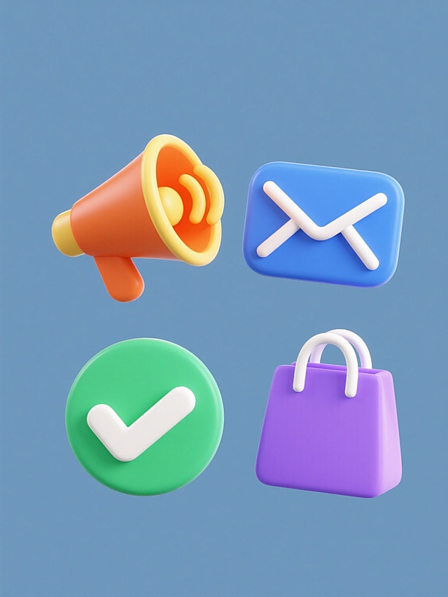一套4个不同元素的系列图标素材，保持统一的3D立体卡通风格，圆润边角设计，简约造型，每个元素都有纯色填充和清晰的轮廓线，分别为: 橙色喇叭配黄色声波、蓝色信封配白色线条、绿色对勾符号配圆形背景、紫色购物袋配白色提手，所有元素均规整排列在纯色背景上，画面整体色彩明快鲜艳，光影柔和无明显阴影，保持一致的视觉层级和设计感