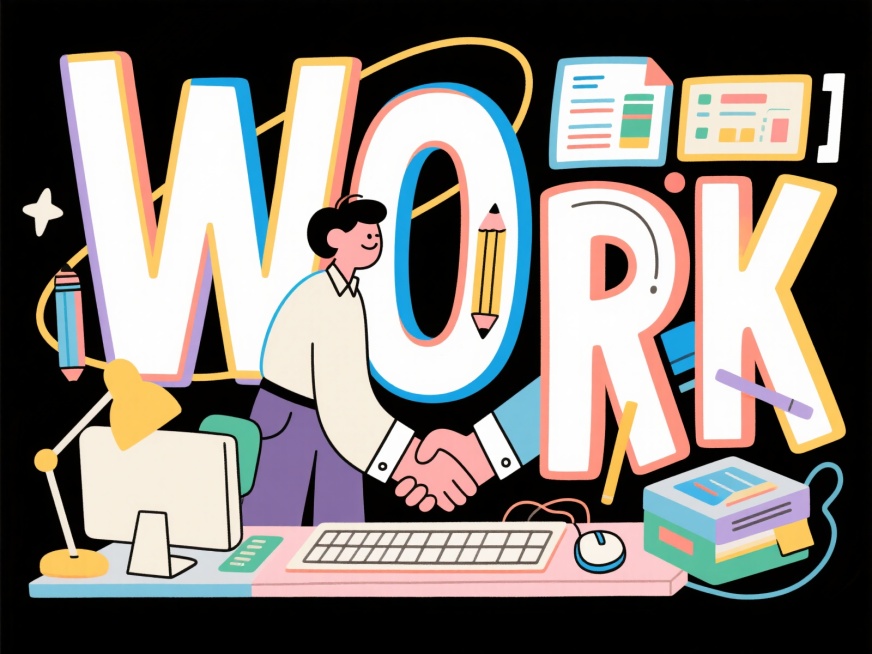 由字母“W”“O”“R”“K”组成的创意画面，字母形态富有设计感，穿插办公职员，一个工作人员在打字，两只手握紧的握手特写，铅笔、报表、电脑、台灯、鼠标等办公元素围绕字母巧妙组合，整体形成极具创意的主视预览效果