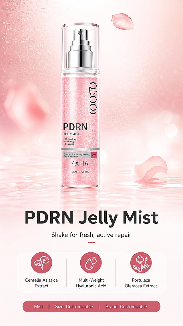 [商品] 使用【图1】COORO PDRN Jelly Mist 果冻喷雾（红）：完整保留透明圆柱喷雾瓶的瓶身比例、透明外盖、多层阶梯状银色泵头、瓶内粉红色果冻水油双相液体与细微珠光、瓶身标签上原有全部文字与图案（COORO、PDRN、JELLY MIST、4X HA、标签小字与粉色徽章），不翻译、不替换、不改写、不新增任何包装文字。修复项：清除背景残留杂点，使标签平面正对镜头、文字清晰锐利，玻璃通透度与高光更干净，不改变瓶型结构、颜色与材质。
[画面] 竖版首屏信息页，纵向三段式：上段约55%为产品大图，瓶身直立居中略偏左，占画幅宽度约45%，正面微仰5度，泵头周围漂浮细腻水雾微粒与两三片玫瑰花瓣薄影；中段为标题与卖点信息区；下段为一条横向规格胶囊条。前景极浅水雾，中景产品，后景玫瑰粉柔和渐变，共3层以上层次。
[视觉] 套系策略：风格=跨境极简高级美妆商业摄影，通透水光质感；标题字=现代无衬线粗体；正文字=简洁无衬线常规体；主色=玫瑰粉至暖米白渐变；背景延展=基于玫瑰粉做深浅层级、同色渐变与细腻水雾与玻璃质感；强调色=深玫瑰红，仅用于小面积图标、引线与胶囊标签；标题色=深炭灰；正文色=中暖灰；组件=圆角浅底信息卡、细线引线、胶囊标签；光影=左前侧柔光加顶部轮廓光。
[文字] 全部英文、仅横向排版：主标题 "PDRN Jelly Mist"；副标题 "Shake for fresh, active repair"；三个胶囊标签 "Centella Asiatica Extract"、"Multi-Weight Hyaluronic Acid"、"Portulaca Oleracea Extract"；底部规格条 "Mist | Size: Customizable | Brand: Customizable"。层级为标题大于副标题大于标签大于规格，文字不遮挡瓶身标签、瓶口与泵头，避免文字过密。
[规格] 图片比例9:16竖版，4K，避免变形、错字、文字过小、竖排或旋转文字、冷蓝蓝灰冷灰背景、瓶身拉长压扁、标签文字改变、多瓶重复。