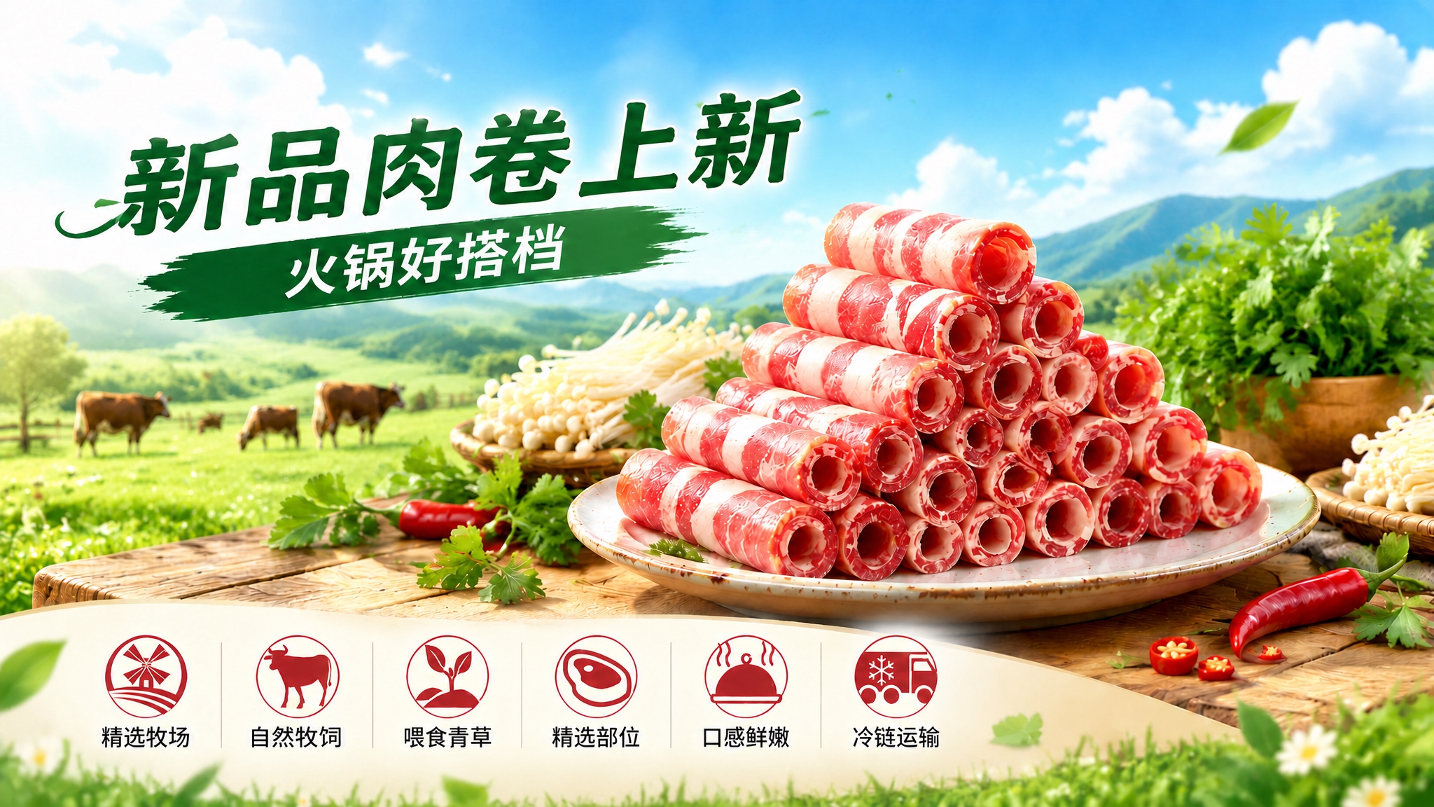 将图中第二个图标下方的文字"散养牛群"替换为"自然牧饲"。保持… - 图片创意预览