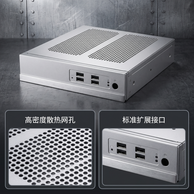 [主图-2] 1U工控机箱服务器材质细节展示主图。
[氛围风格] 重工业风，硬核工业质感；
[画质] 商业摄影质感，微距细节清晰锐利，超高清。
[元素] 整体采用Bento栅格风格布局，上半部分放置完预览效果