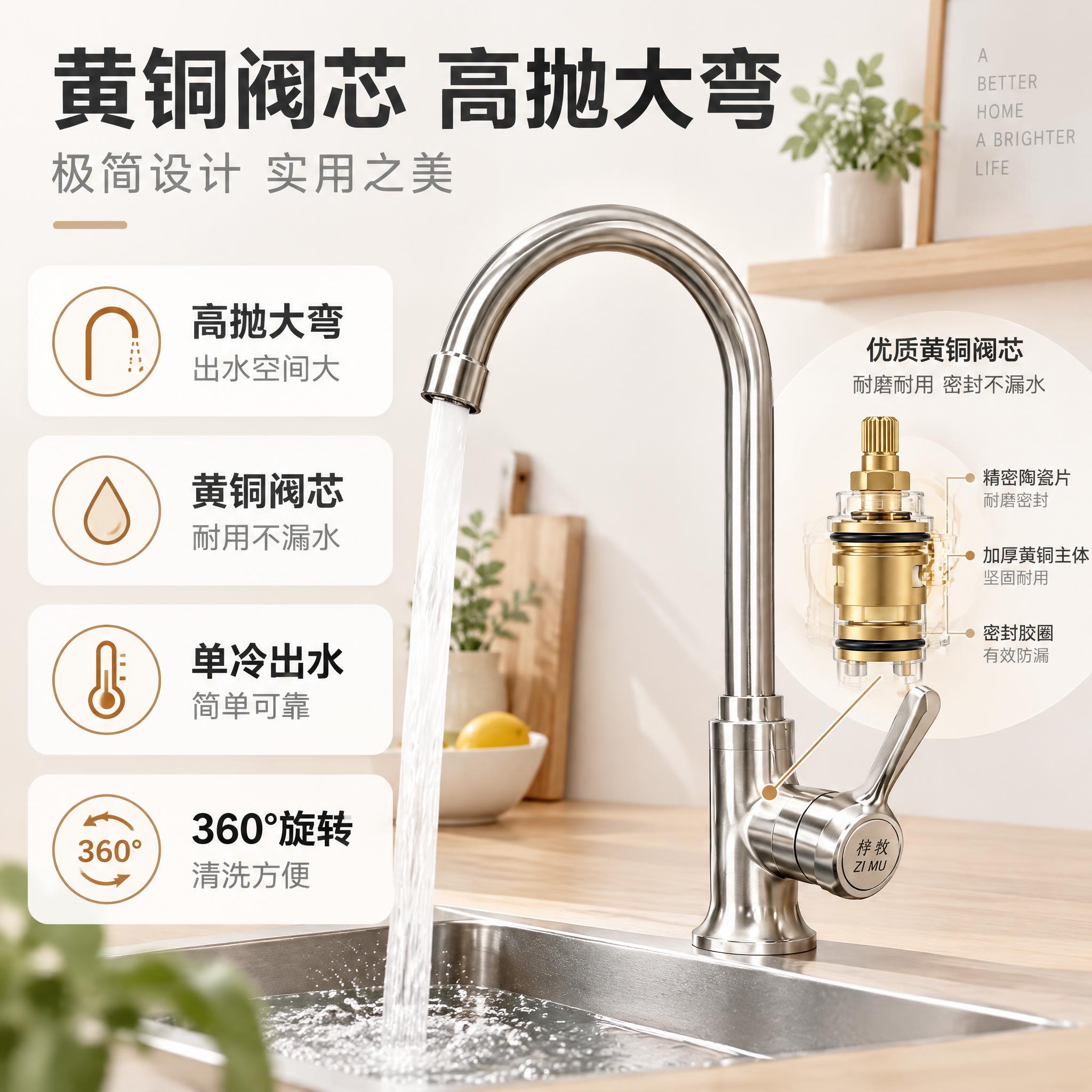 [主图-2] 核心亮点功能图，极简北欧风格，展示单冷龙头黄铜阀… - 图片创意预览