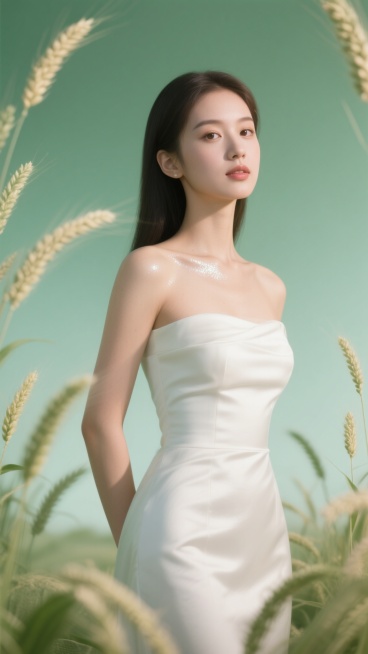 高级医美模特，明星代言人，少女，全身摄影，45°侧面，幼态混血五官，锁骨与面部有珠光高光，苹果肌高光处理，面部泛着油光，妆容精致，白色高级优雅大气抹胸礼服裙，微雕皮肤细腻光泽纹理可见，身体皮肤白皙，超预览效果