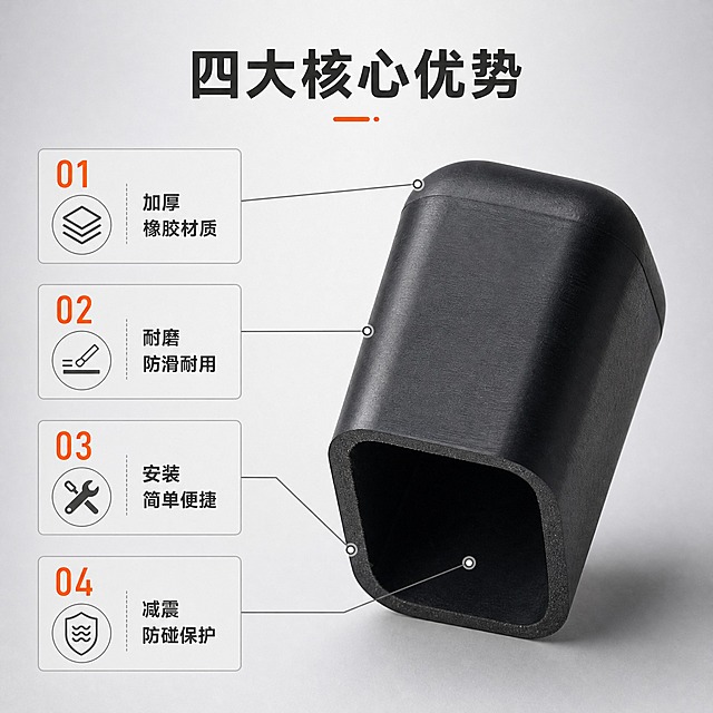 [主图-2] 产品亮点卖点图，展示防碰垫的四大核心优势，用编号卖点导图形式呈现。
[统一基调] 京东风格，简洁稳重，工业品质感；背景为浅灰色渐变，主标题字色为深灰近黑，辅助字色为中灰，强调色为橙色；字体为无衬线粗体，字号层级分明；信息卡片用细边框+浅灰底，整体文字占比小于30%。
[画面] 画面右侧展示黑色橡胶防碰垫的特写，呈45度角，展示其方形圆角外形和内部中空结构，产品占画面约50%；左侧用四条带编号的引线从产品不同部位引出，分别指向四个卖点图标和文字；引线从产品的顶部圆角、侧面壁厚、底部端面、内部空腔四个位置引出；背景为浅灰色渐变，干净简洁。
[光影质感] 商业摄影质感，主光从左上方照射，橡胶表面有细腻哑光质感，壁厚切面展示橡胶厚度，内部空腔清晰可见，底部有柔和投影，整体光线均匀。
[配色] 背景浅灰渐变，产品黑色橡胶，编号数字用橙色，卖点文字深灰色，引线用细灰色线条。
[文字版式] 画面顶部居中主标题"四大核心优势"，字号较大；左侧竖排四个编号卖点：1.加厚橡胶材质（配材质图标），2.耐磨防滑耐用（配耐磨图标），3.安装简单便捷（配安装图标），4.减震防碰保护（配防护图标）；每个卖点编号为橙色大号数字，文字为深灰色中号字体；整体排版整齐，文字不遮挡产品。
[输出要求] 1:1正方形，2K分辨率，产品清晰，文字清晰可读；禁止变形、错字、模糊、水印、京东logo、花哨背景。