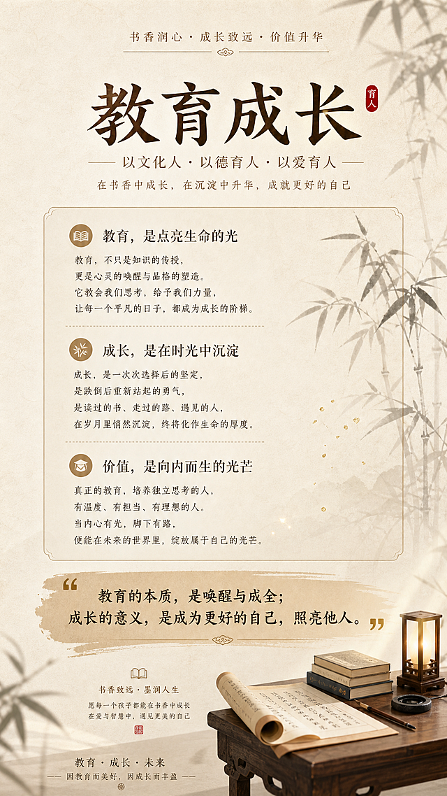 H5价值升华页，教育成长主题，暖米色背景，古风书香意境，完整展示文案内容，重点文字突出，排版清晰干净，字体和行间距符合要求，确保所有文字完整可见