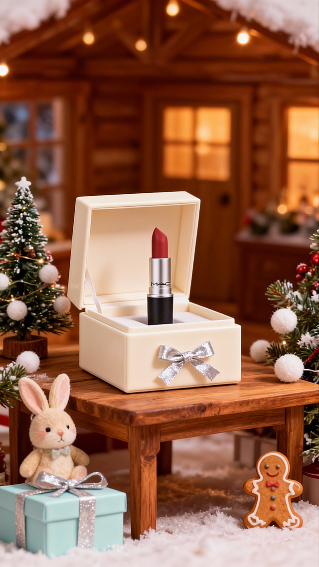 画面中心是展示产品的打开的奶白圣诞风礼盒，摆放在木桌上，桌上搭配系着银丝带的兔玩偶，周围点缀圣诞元素（缀着绒球的小圣诞树、浅蓝礼盒、姜饼人摆件），背景为暖光木屋室内场景
