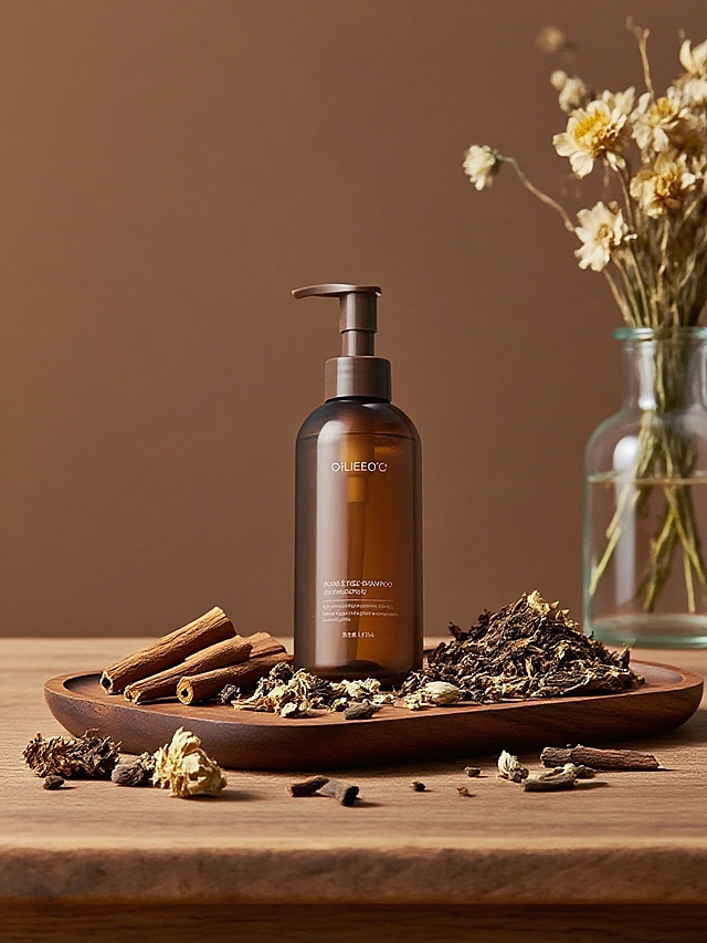 商业静物摄影。主体置于原木桌面的木质托盘上（干花和小段沉香点缀），后景是纯色棕色背景和玻璃瓶（里面有干花）。简约高级的光影。