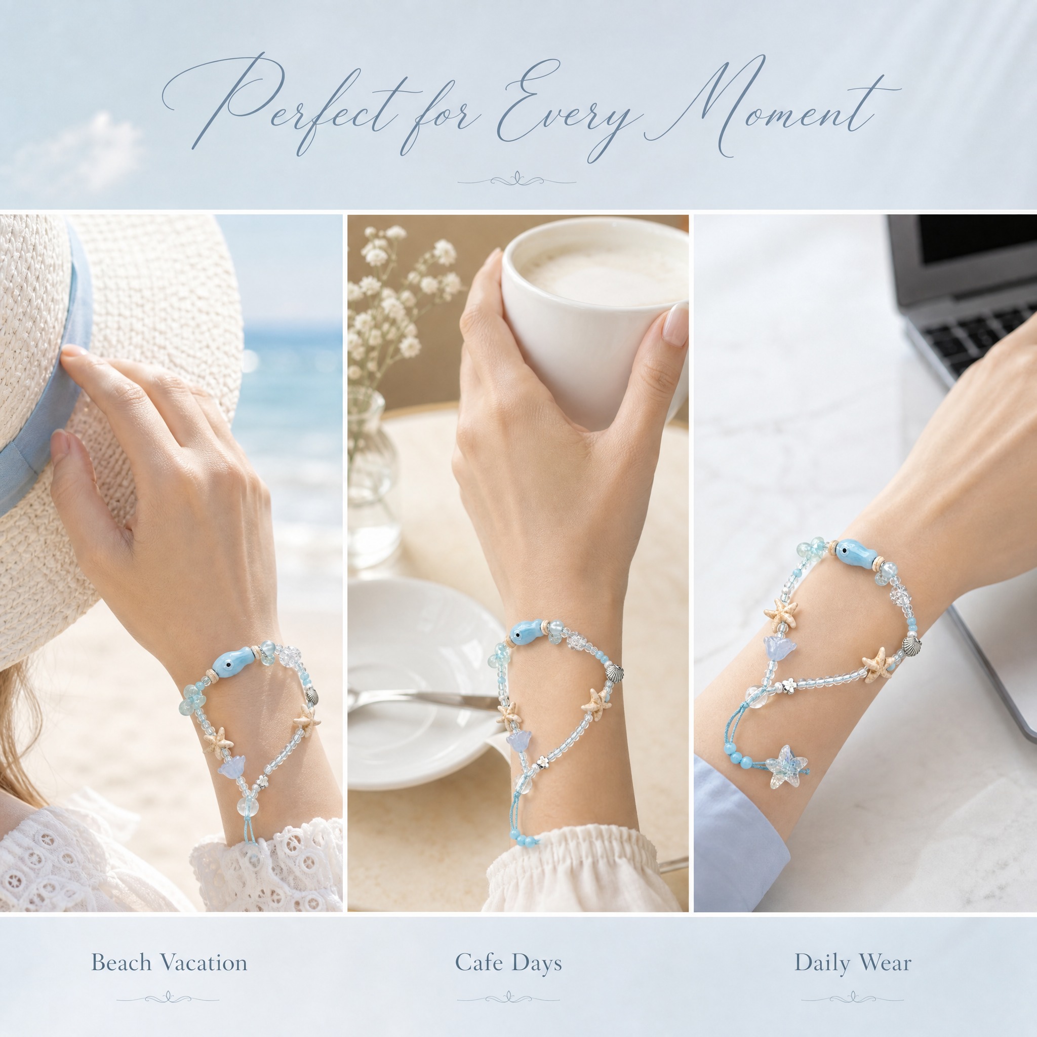 [主图-6] 适用场景与穿搭展示图，展示手链在多种法式生活场景… - 图片创意预览