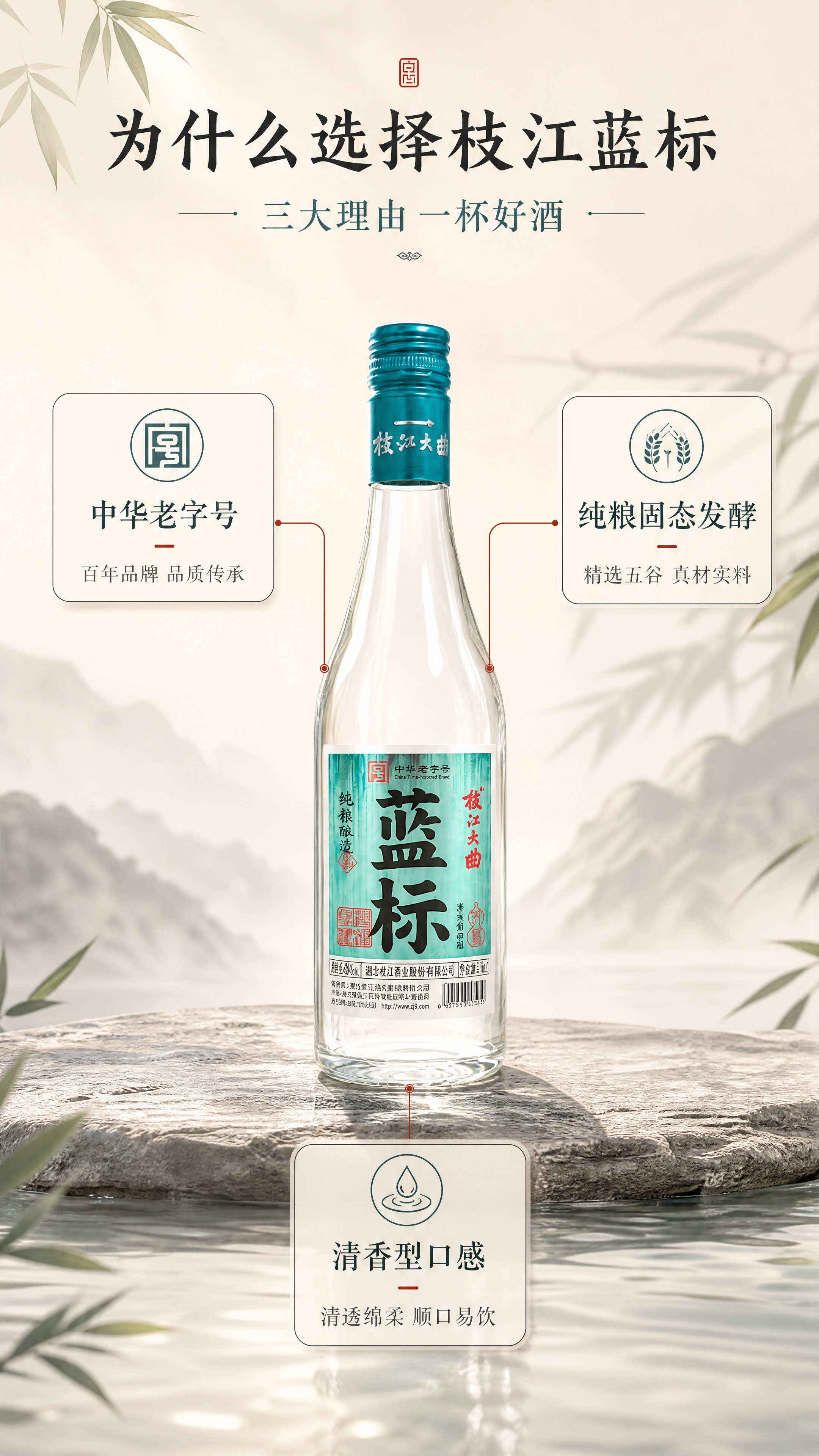 [商品] 使用【图1】枝江大曲蓝标白酒瓶；保留透明玻璃瓶身、青… - 图片创意预览