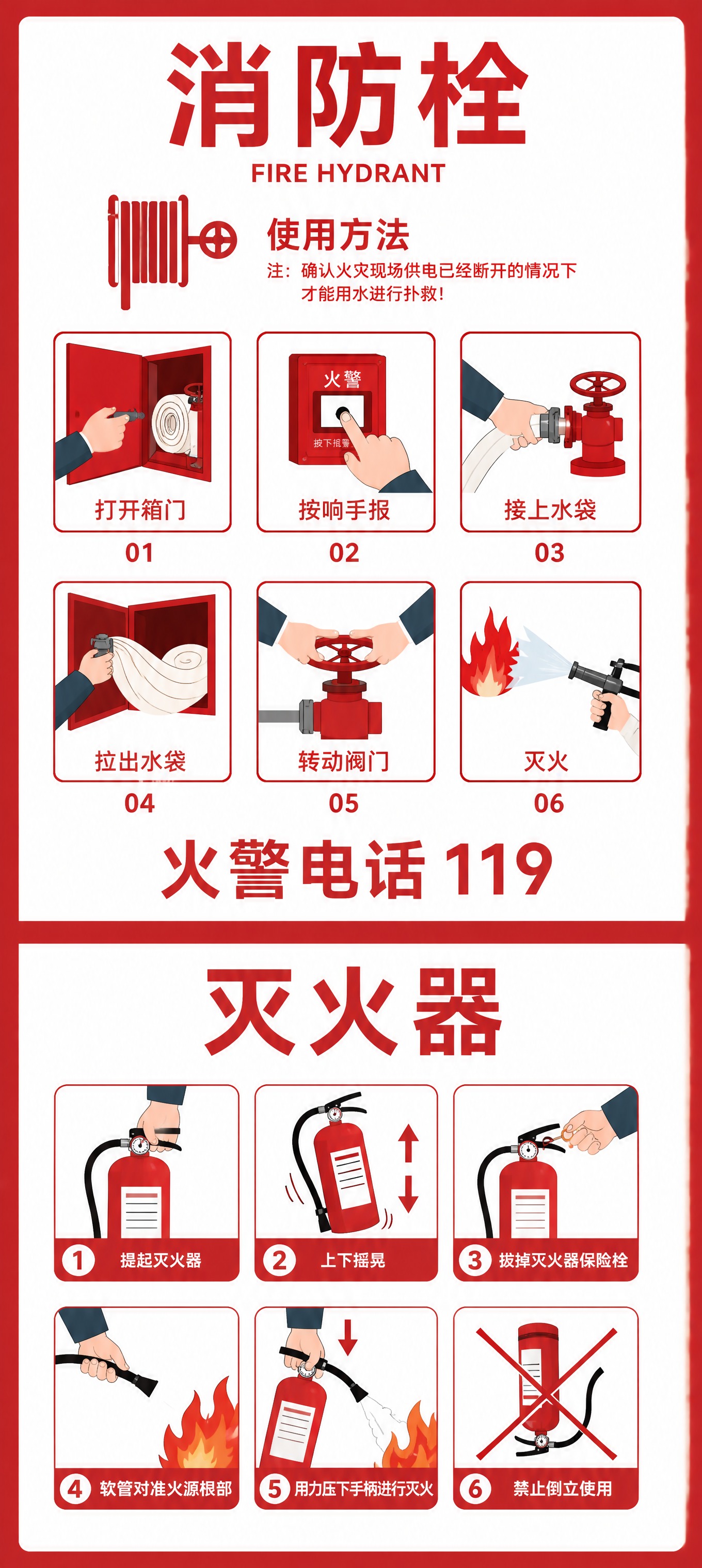 参考原图的平面插画风格与排版布局，重新绘制一张消防栓和灭火器使… - 图片创意预览