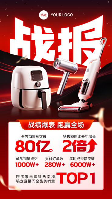 618大促家电营销科技感销售战报竖版海报预览效果