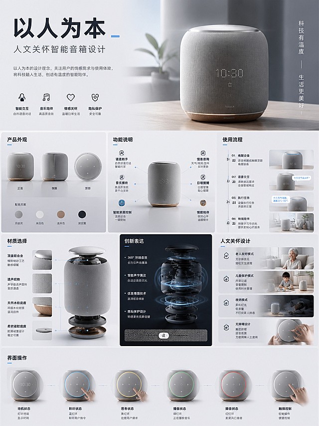 A3竖向产品设计展板，展示"以人为本"主题智能音箱设计，主标题"以人为本"，副标题"人文关怀智能音箱设计"，分区展示产品外观、功能说明、使用流程、材质选择、创新表达、人文关怀设计和界面操作，布局合理，现代简约设计风格，色彩搭配和谐，视觉冲击力强，突出智能音箱产品特征，准确表现产品材质质感，所有文字图片清晰，文字清晰可读，版式精美，3D渲染科技感，整体设计简洁高级