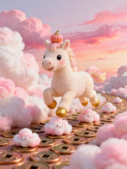一匹由蓬松云朵和粉色朝霞捏成的小白马，四蹄是柔软的浅金色。它正快乐地在一排铜钱图案的路上小跑，每踏一步，脚下就冒出一朵小小的、棉花糖般的祥云。最可爱的是它头顶有一根总是随着心情晃动的呆毛，此刻正顶着一预览效果