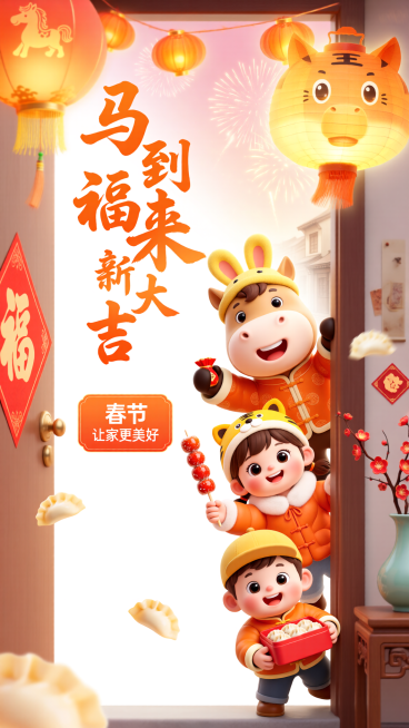 [海报主题] 马年新春家庭贺岁宣传海报[氛围 / 风格] 3D 软萌治愈风 + 国潮清新喜庆风格，温馨欢快氛围[画面元素] 主体是 3 个春节装扮的角色：1 只圆滚滚的浅棕色小马 IP，头戴黄色兔耳棉预览效果