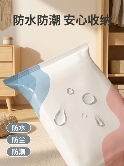 [主图 3] 防水防尘防潮性能展示
[氛围/风格] 日式简约 家居治愈风 一致光影和背景
[画面元素] 保持原产品外观完全一致，特写真空压缩袋表面，几颗水珠在袋面滚落，展示防水防污效果，背景保持和主图预览效果