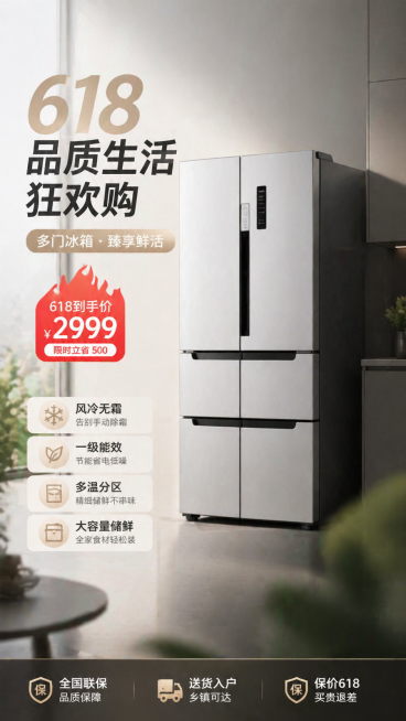 618商业营销海报，展示图中的多门冰箱，包含商品精简的信息图元素，高质感配色，f/2.8柔和景深，照片写实风格，无畸变预览效果