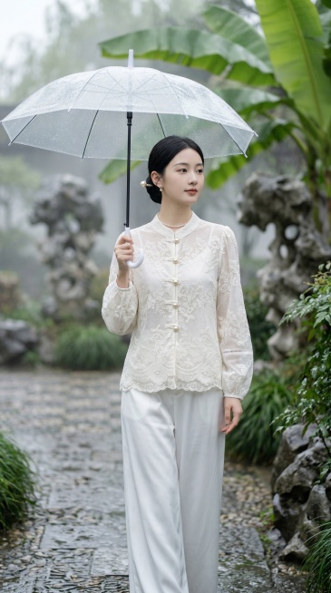新中式贵气氛围感大片，全身人像，24岁左右气质温婉的东方女生，鹅蛋脸，清透贵气的淡妆，黑长直柔顺低盘发，点缀一支珍珠发簪，眉眼温柔，自带书香贵气感；配饰为小巧的珍珠耳钉、细款珍珠锁骨链，手持一把透明古预览效果