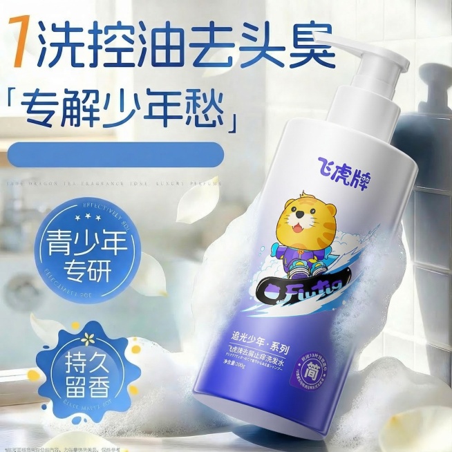 将图1中的青少年洗发水瓶子替换为图2的飞虎牌洗发水，严格保留图2瓶身的形状、图案（含卡通虎形象、滑板、文字等）与设计细节；其余所有元素——包括背景、主标题“1洗控油去头臭”、“专解少年愁”、蓝色横条、预览效果