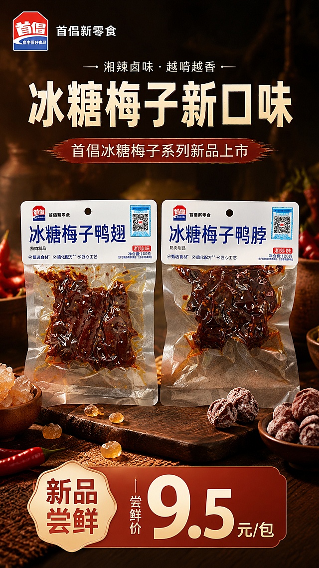 「图片1」淘宝/天猫9:161张
生成详情页，商品是首倡冰糖梅子鸭翅100g，首倡冰糖梅子鸭脖120g「图片1」，新品推荐，尝鲜价9.5元/包。